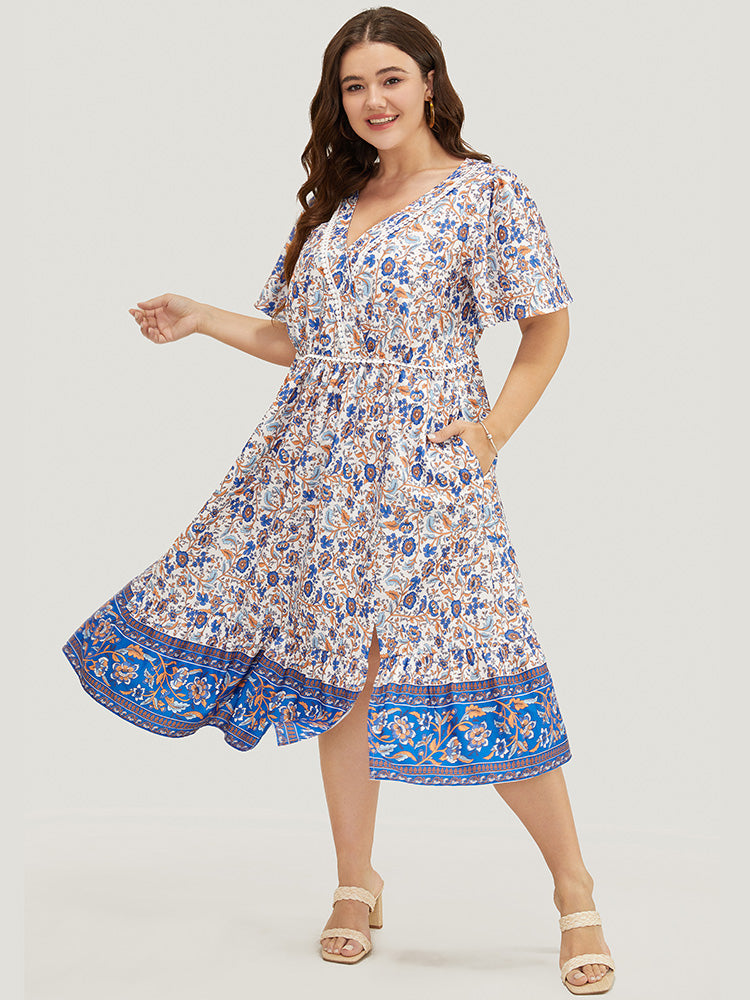 Bandana Print Pocket Pompom Trim Wrap Split Ruffle Dress