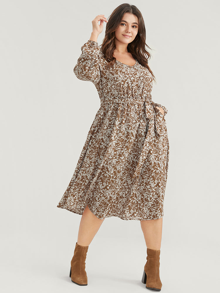 Ditsy Floral Lantern Sleeve Pocket Belted Dress