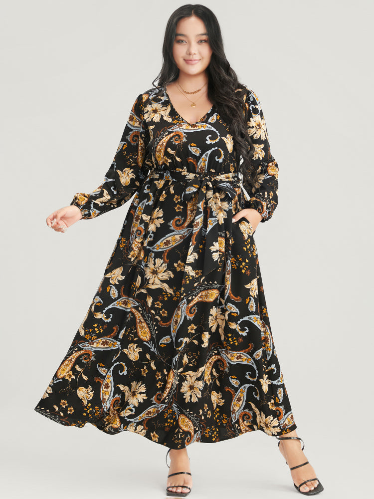 Floral Pocket Lantern Sleeve V Neck Belted Maxi Dress