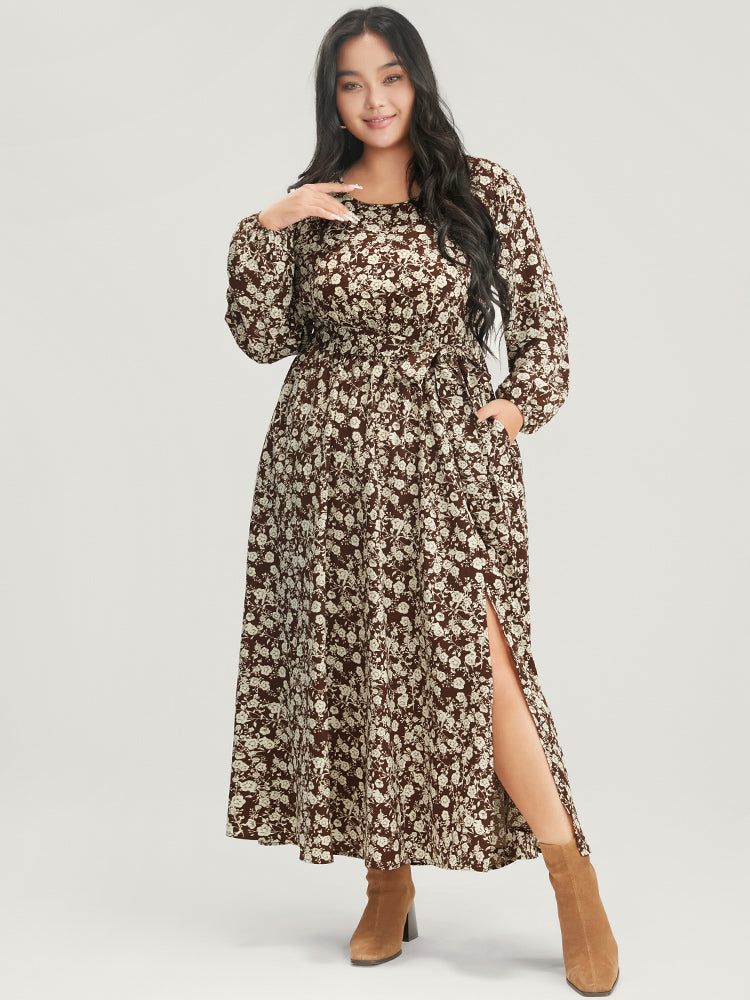 Floral Pocket Lantern Sleeve Belted Split Hem Dress