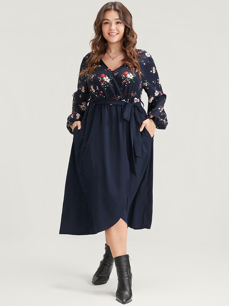 Floral Print Wrap Pocket Belted Split Dress