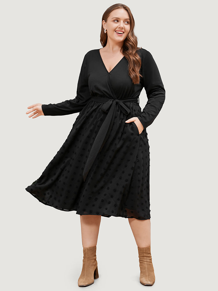 Solid Surplice Neck Pocket Mesh Patchwork Belted Dress