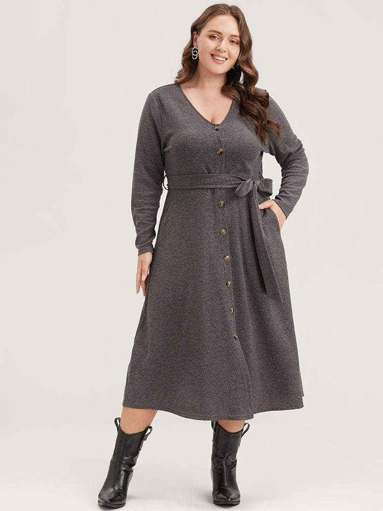 Solid Pocket Button Up Belted Rib Knit Dress