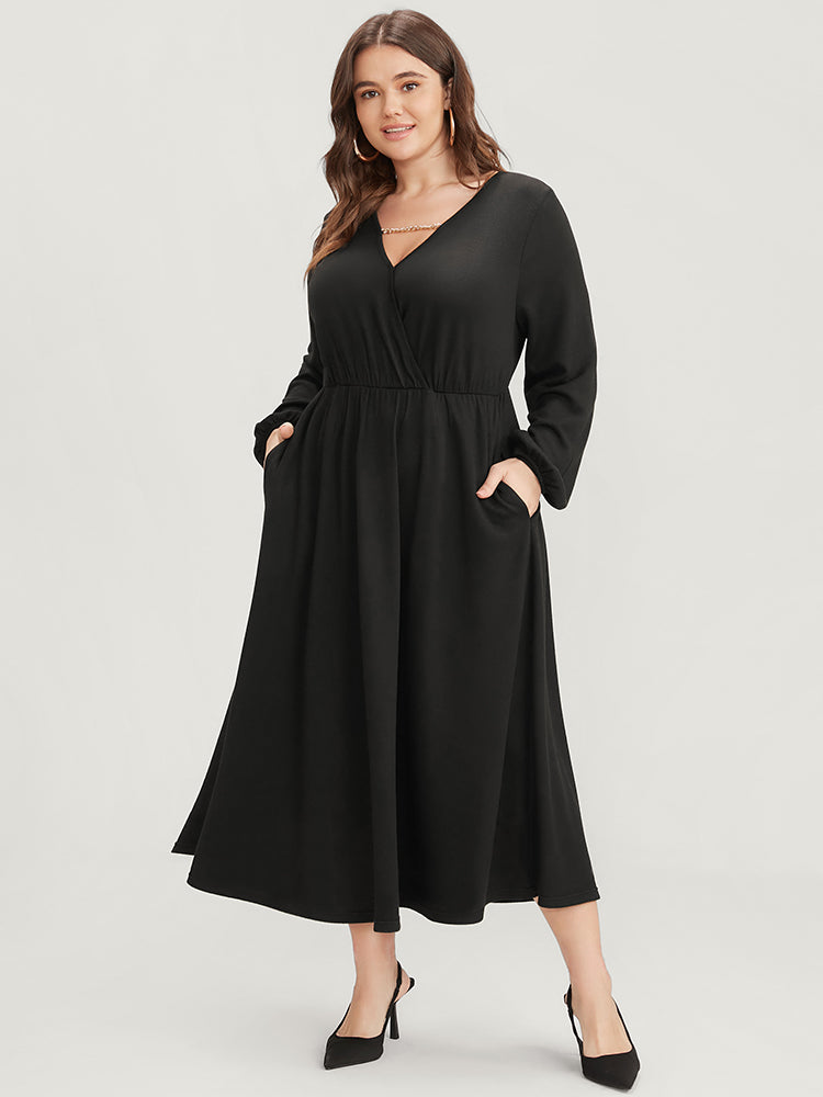 Solid Lantern Sleeve Pocket Chain Surplice Neck Midi Dress