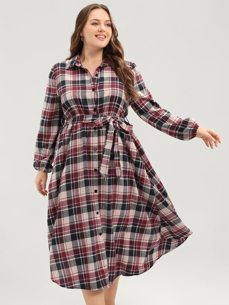 Plaid Shirt Collar Pocket Belted Lantern Sleeve Button Up Dress