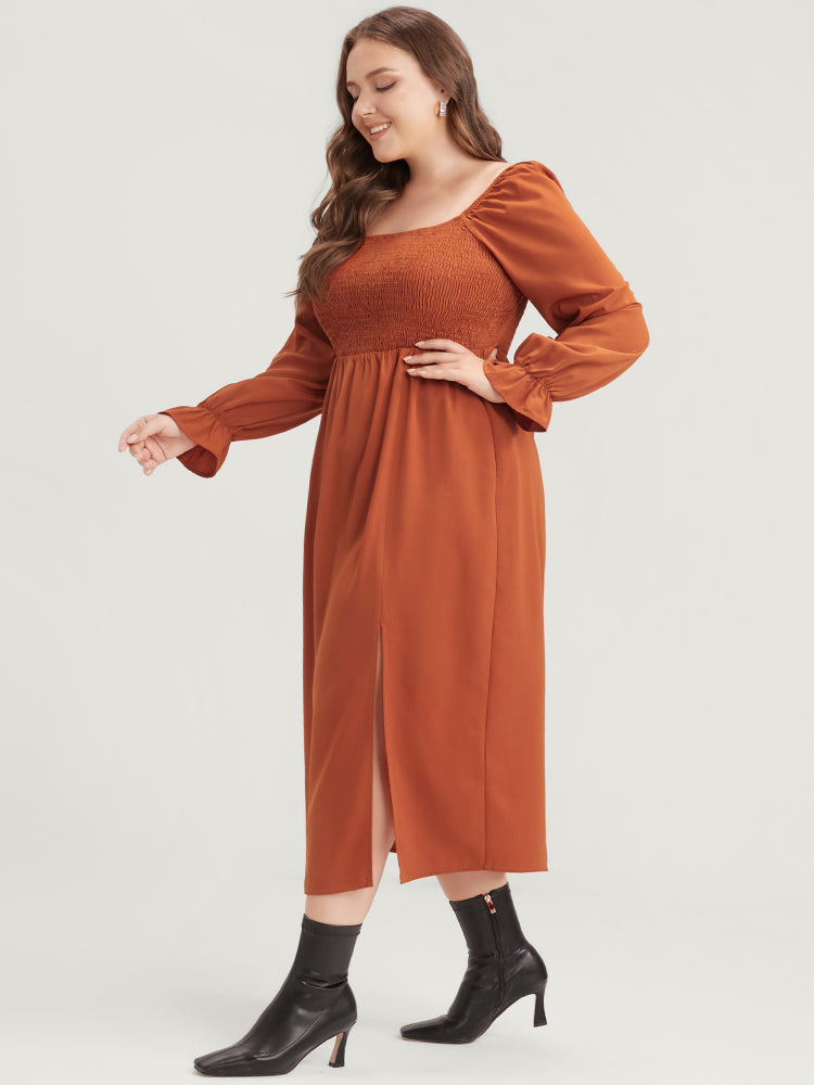 Solid Shirred Square Neck Lantern Sleeve Split Hem Dress