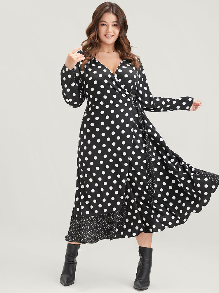 Polka Dot Surplice Neck Tie Side Pocket Ruffle Hem Dress