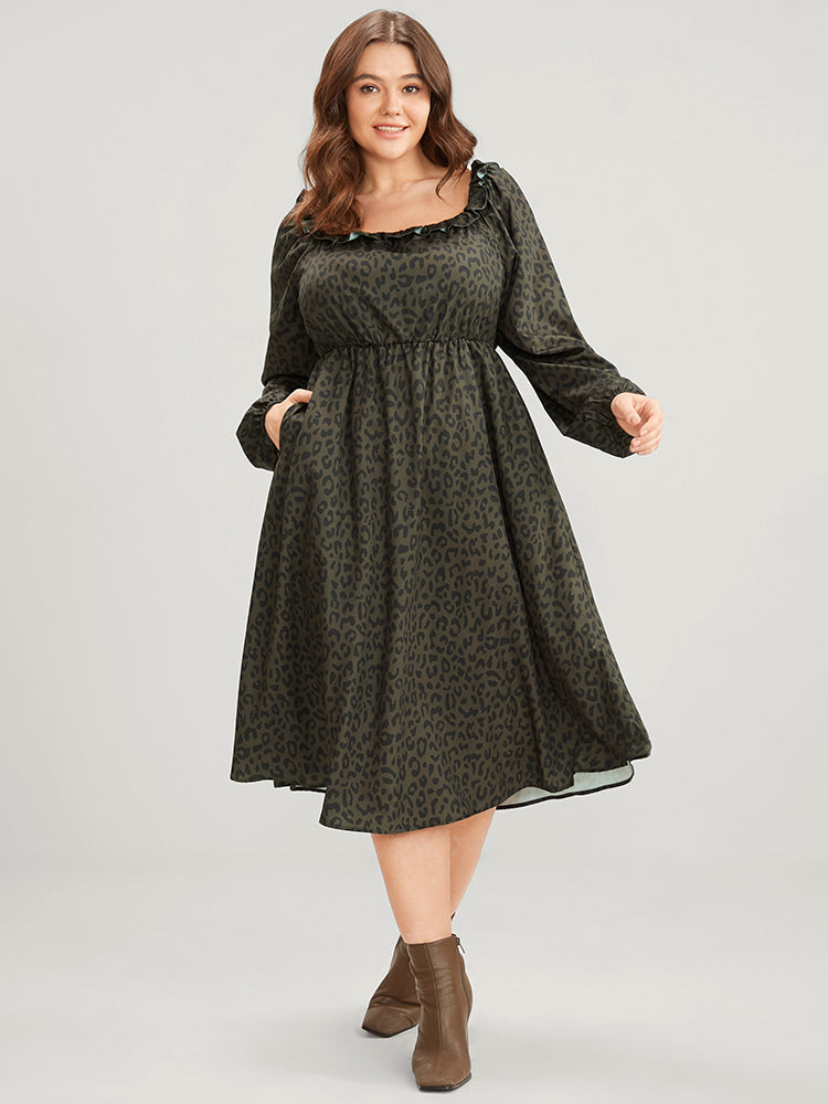 Leopard Print Square Neck Pocket Puff Sleeve Midi Dress