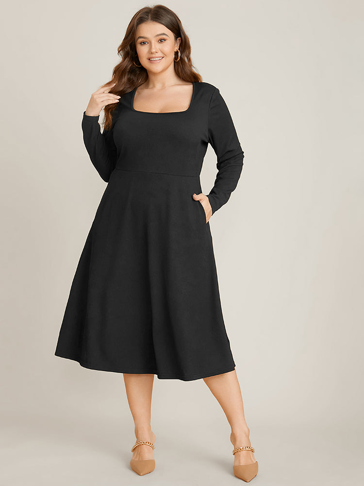 Solid Square Neck Pocket Rib Knit Midi Dress