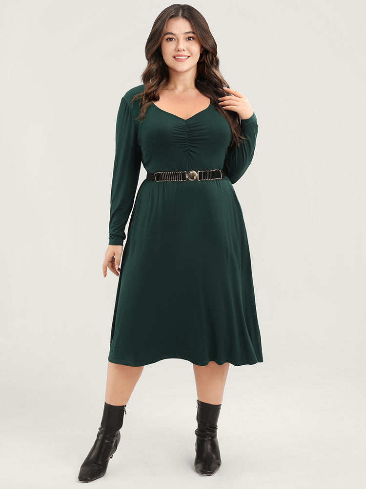 Solid Pocket Gathered V Neck Midi Dress Without Belt