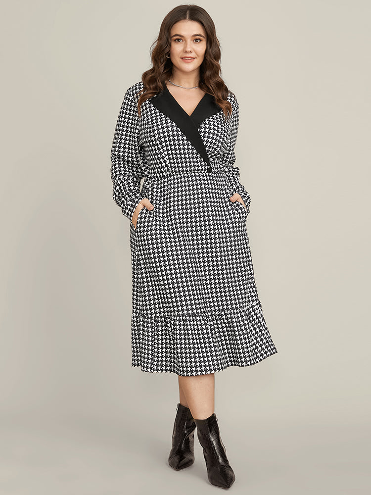 Contrast Trim Suit Collar Pocket Ruffle Hem Houndstooth Dress