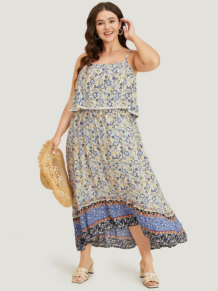 Bandana Spaghetti Strap Pompom Trim Pocket Ruffles Maxi Dress