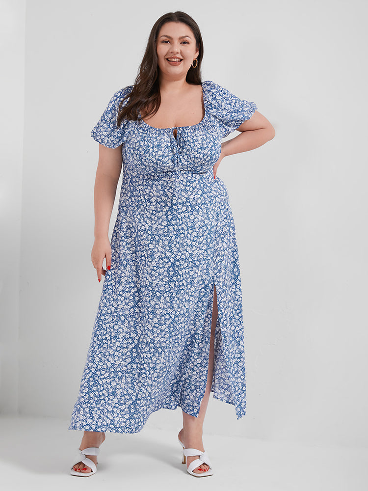 Ditsy Floral Square Neck Split Maxi Dress