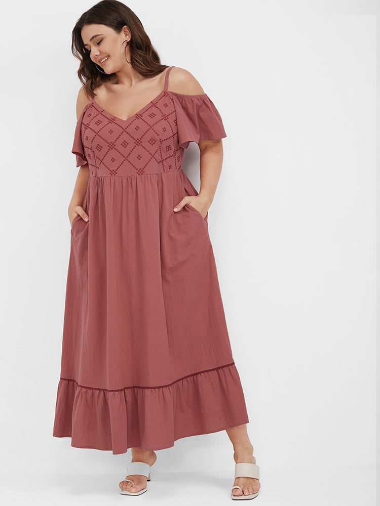 Plain Embroidered Ruffles Pocket Cold Shoulder Maxi Dress