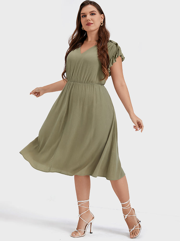 Plain V Neck Ruffles Trim Pocket  Knee Dress