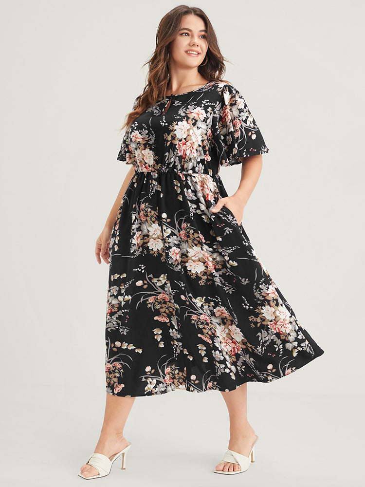 Bloom Dress - Floral Keyhole Round Neck Pocket Ruffles Midi Dress