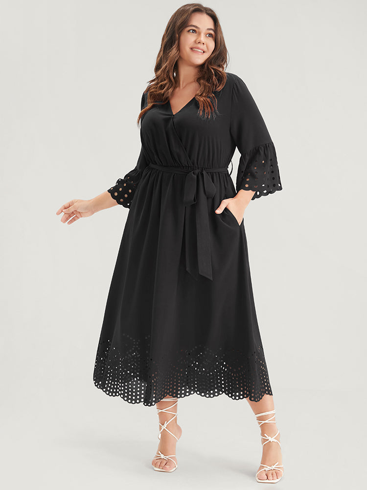 Plain Scalloped Ruffles Pocket Laser Cut Belted Wrap Dress