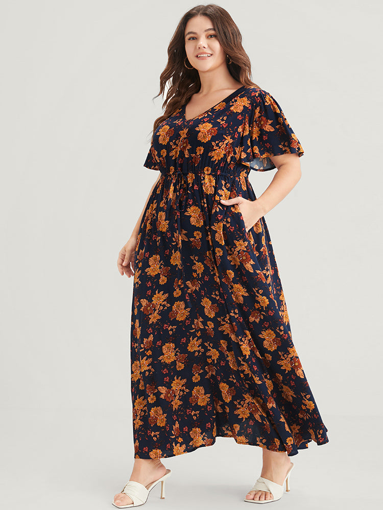 Bloom Dress -Floral Print V Neck Pocket Ties Ruffles Maxi Dress