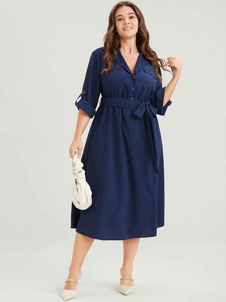 Plain Button Cuffed Sleeve Pocket Belted Lapel Collar Dress