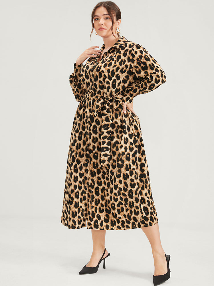 Leopard Pocket Button Belted Shirt Collar Midi Dress