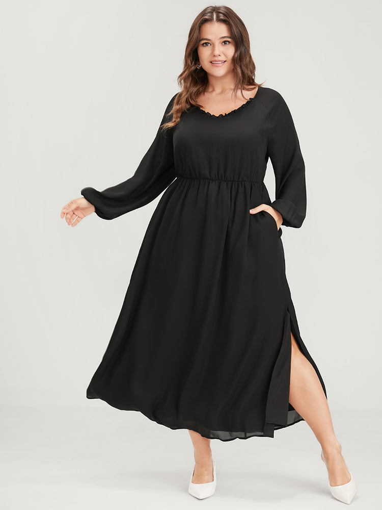 Plain Lantern Sleeve Pocket Ruffle Trim V Neck Split Dress