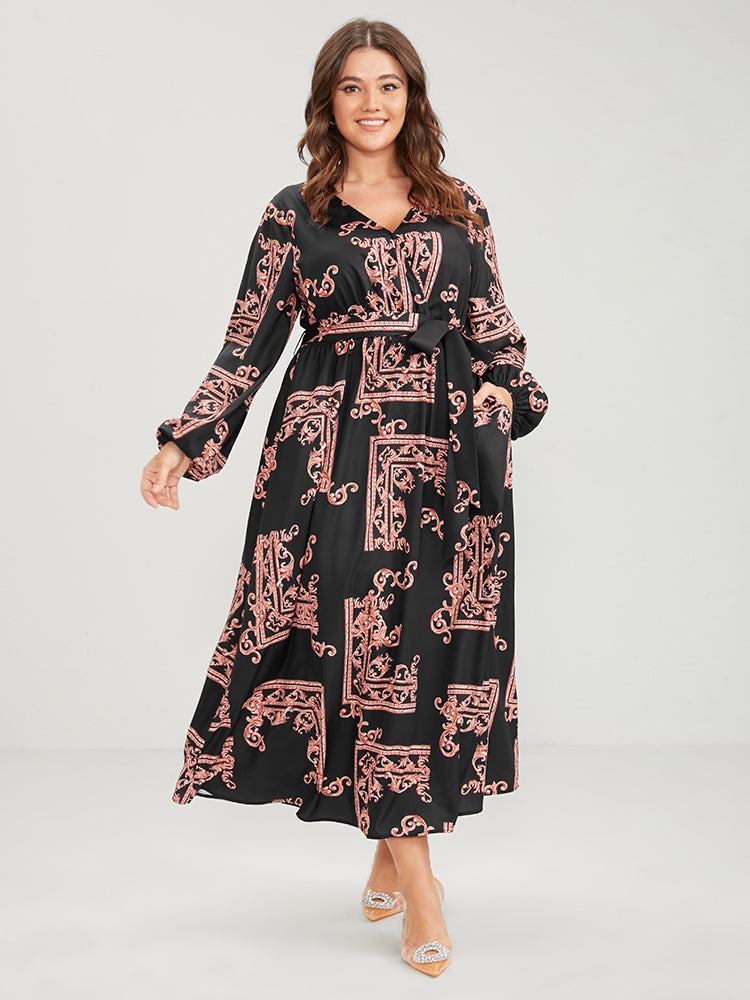 Paisley Print Wrap Pocket Lantern Sleeve Midi Dress