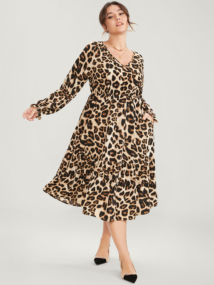 Leopard Lantern Sleeve Pocket Ruffles Tiered Dress