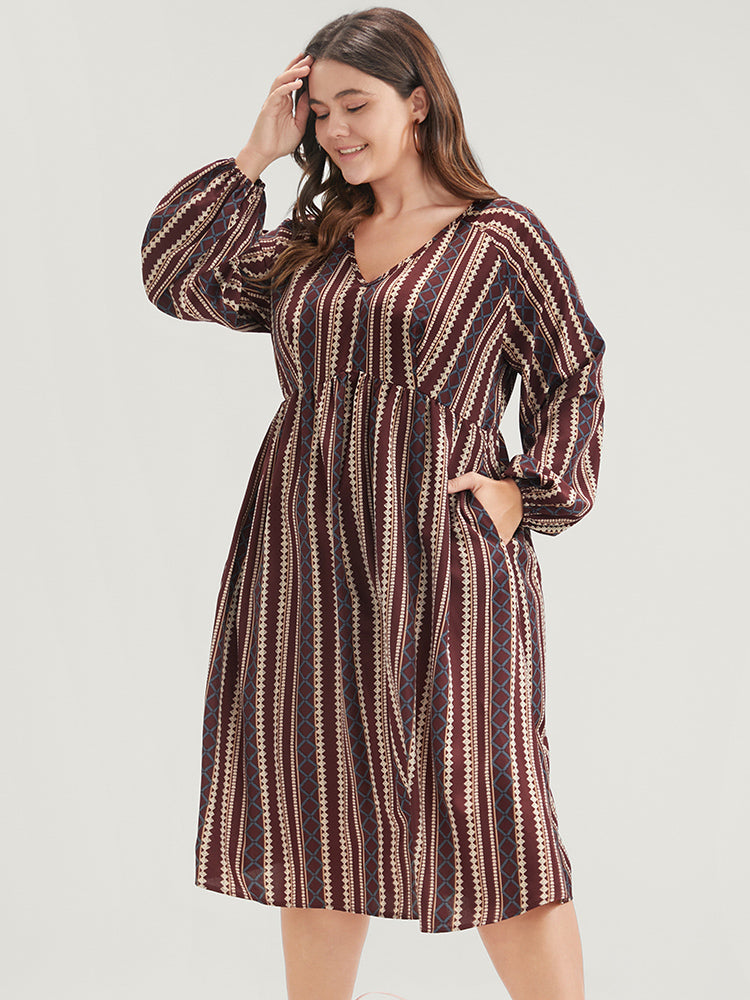 Striped V Neck Lantern Sleeve Pocket Knee Dress