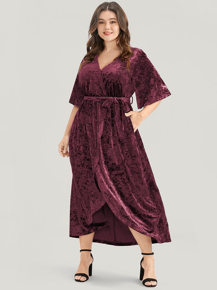 Solid Wrap  Pocket Asymmetrical Hem Belted Velvet Dress