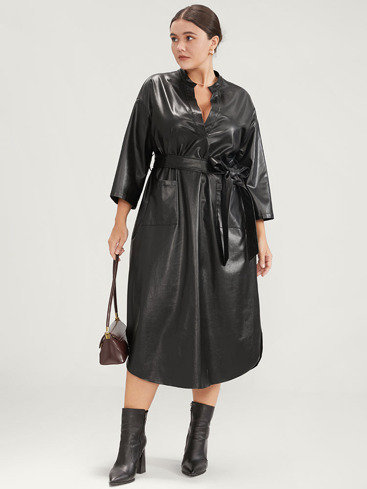 PU Leather Pocket Belted Arc Hem Dress