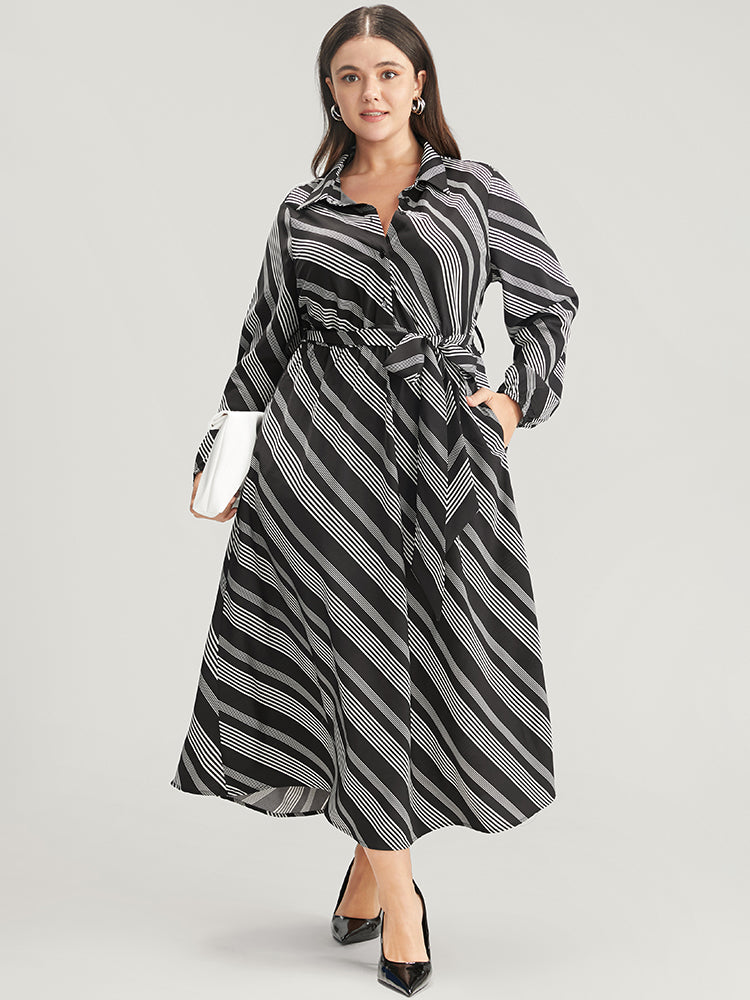 Striped Lantern Sleeve Pocket Belted Lapel Collar Dress