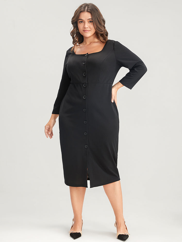 Solid Square Neck Button Up Bodycon Midi Dress