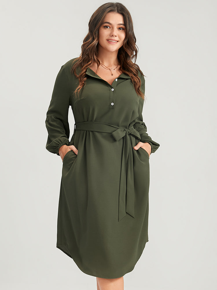 Solid Lantern Sleeve Button Pocket Belted Arc Hem Dress