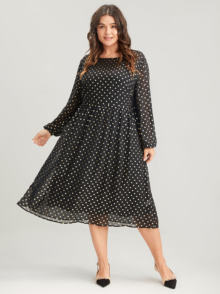 Polka Dot Mesh Lantern Sleeve Flutter Round Neck Midi Dress