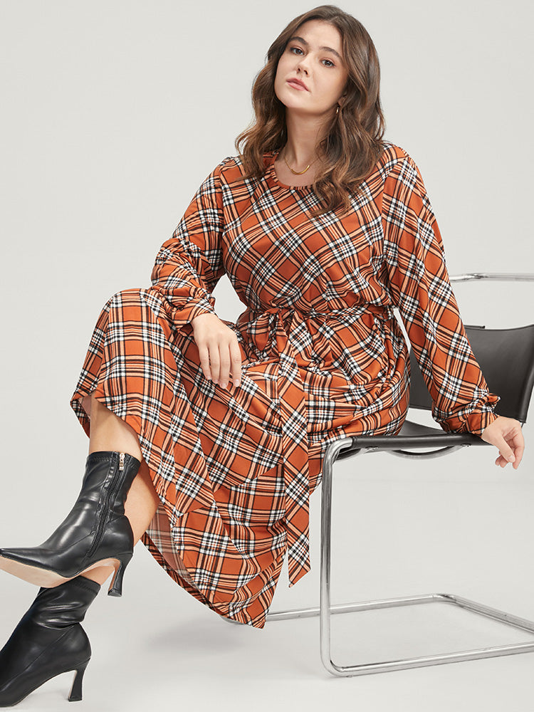 Tartan Round Neck Pocket Belted Midi Dress