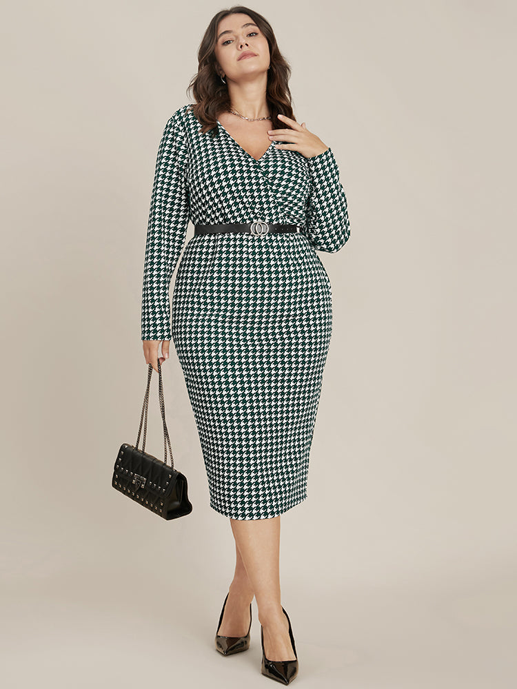 Houndstooth Print Wrap Bodycon Midi Dress Without Belt