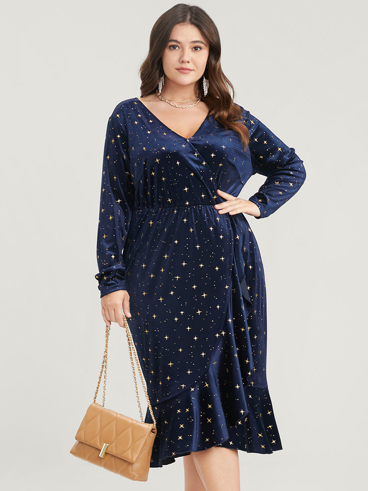 Star Print Wrap Ruffle Trim Velvet Midi Dress