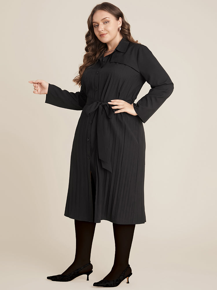 Solid Belted Pleated Shirt Collar Dress