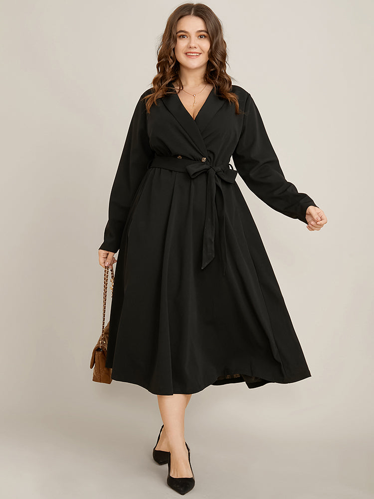 Solid Pocket Belted Surplice Neck Flutter Dress