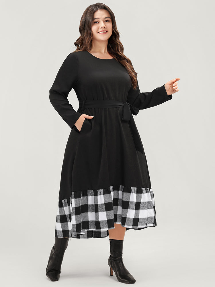 Plaid Patchwork Pocket Belted Asymmetrical Hem Dress