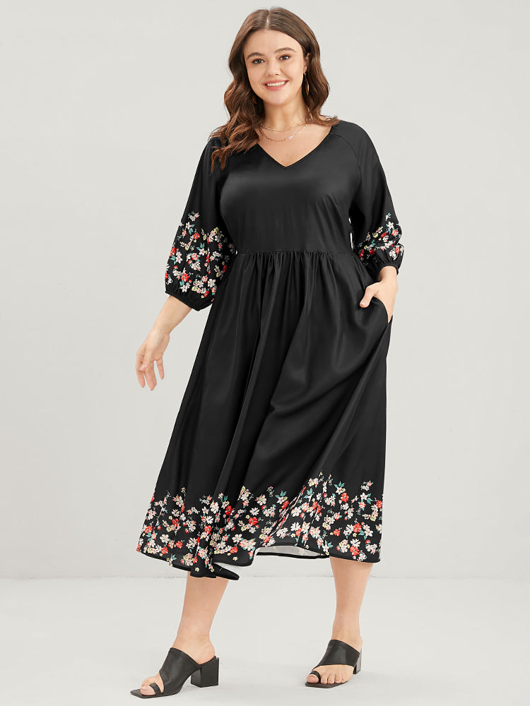 Floral Print Pocket Lantern Sleeve Elastic Waist Flutter Dress