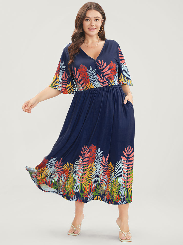 Plant Print Surplice Neck Pocket Ruffles Midi Dress