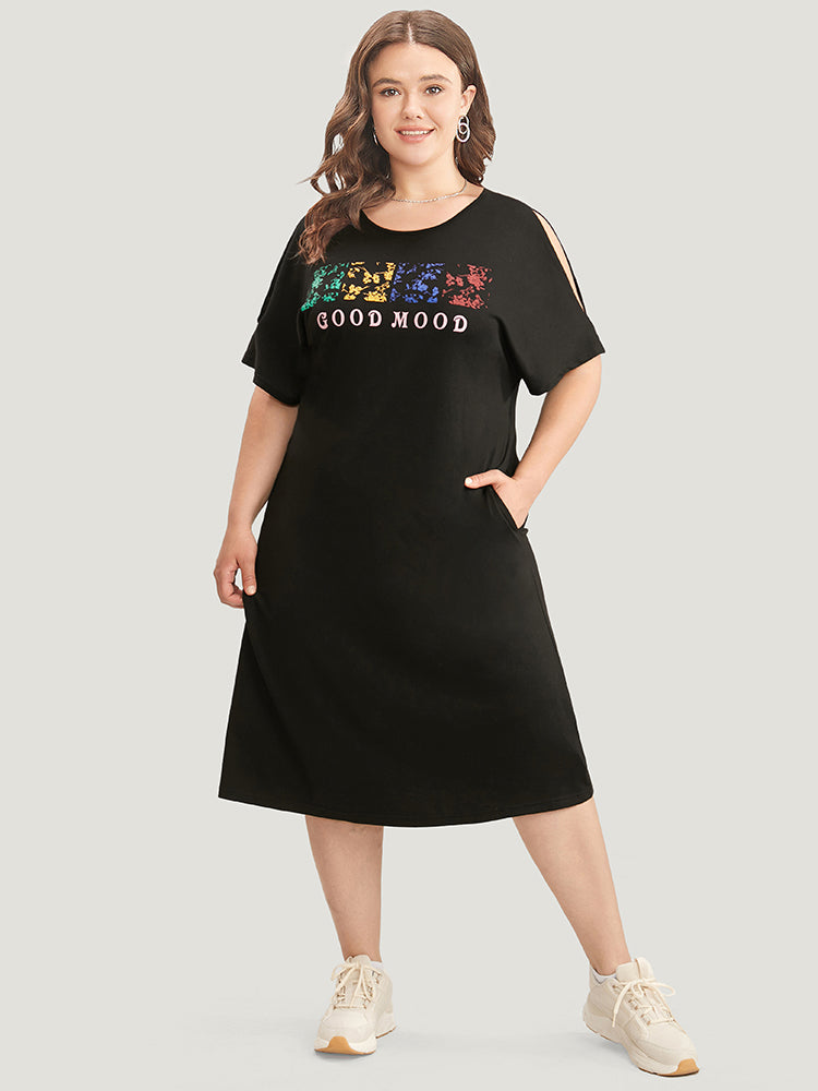 Graphic & Letter Print Dolman Sleeve Pocket Cold Shoulder Tee Dress