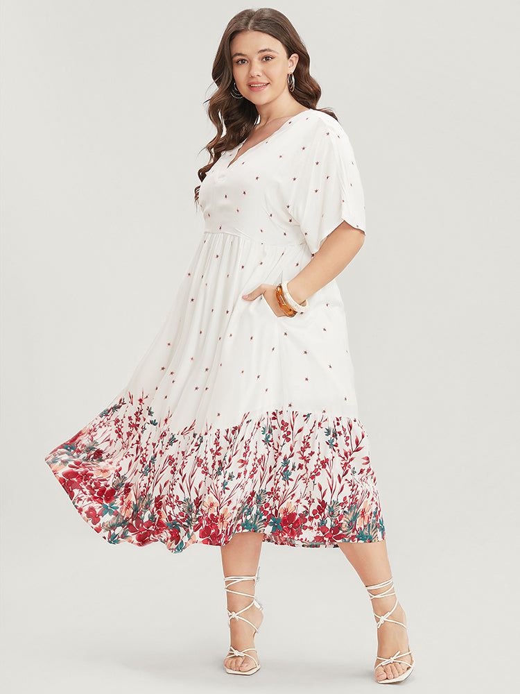 Floral Print Dolman Sleeve V Neck Pocket Ruffle Hem Dress