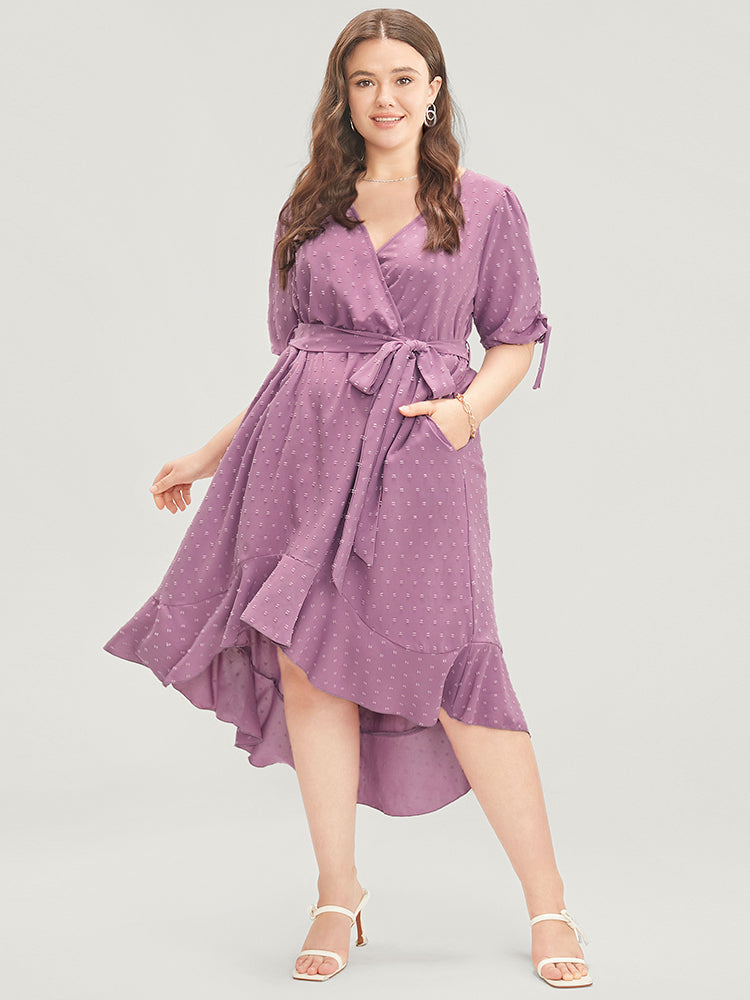 Plain Wrap Ruffles Pocket Belted High Low Hem Dress