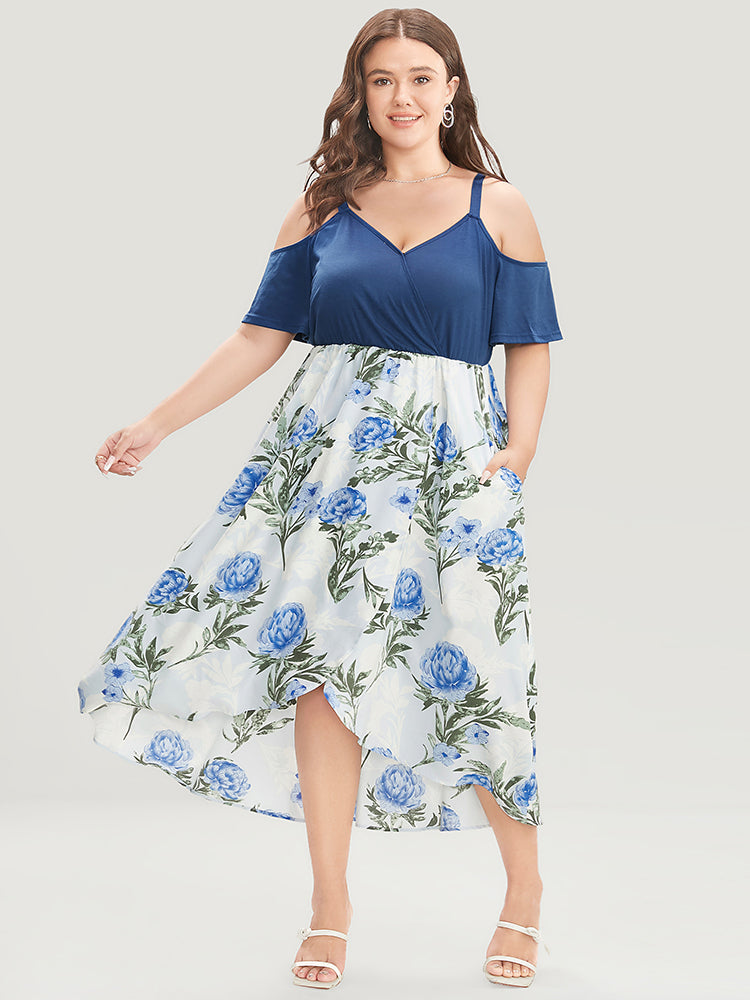 Floral Patchwork Cold Shoulder Pocket Asymmetrical Hem Dress