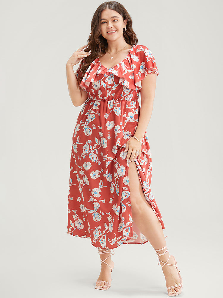 Floral Printed Ruffle Trim Pocket V Neck Split Hem Dress