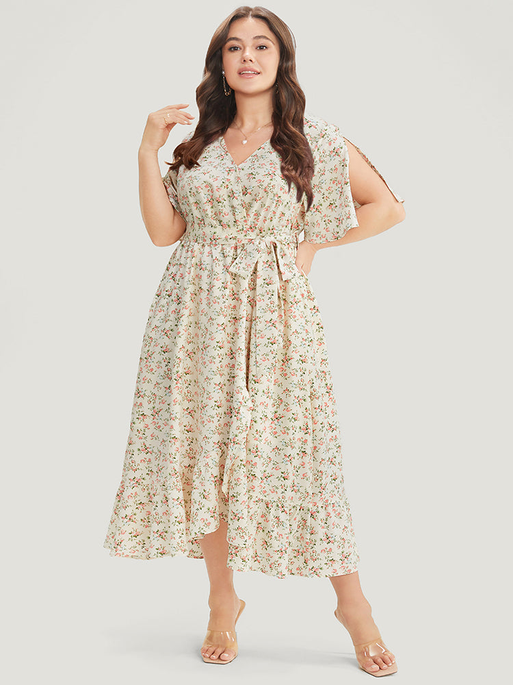 Ditsy Floral Wrap Pocket Ruffles Belt Split Sleeve Dress