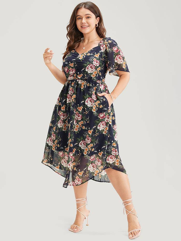 Floral Print Ruched Pocket Frill Trim Ruffle Arc Hem Dress