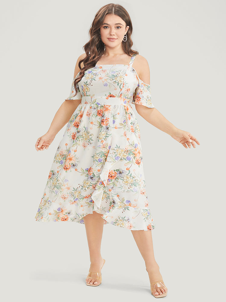 Floral Print Cold Shoulder Pocket Split Ruffle Trim Dress